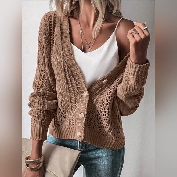 New Boho Open Knit Cardigan Sweater Tan Brown - Picture 5 of 9